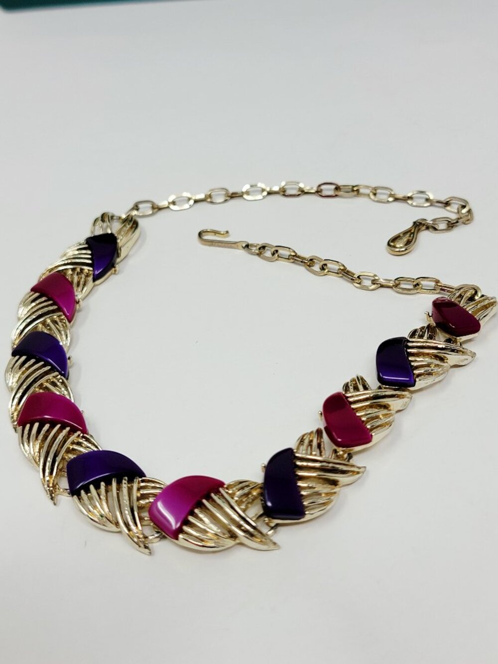 Vintage Coro Thermoset Pink Purple Gold Tone Mid Century Statement Necklace